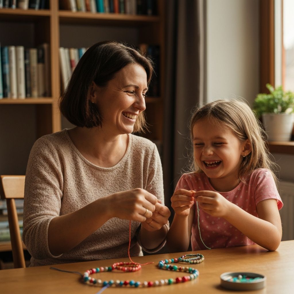 Mama z córką robiące bransoletki razem